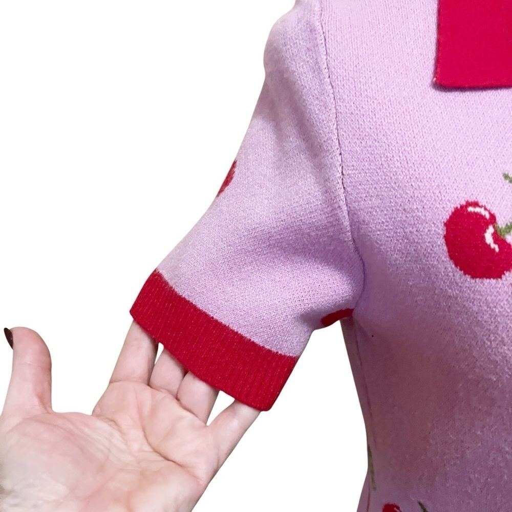 Forever 21 Cherry Short Sleeve Tennis Prep Sweater Dress Pink Red Size M - Picture 6 of 9
